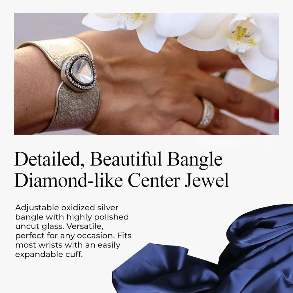 Women's Silver Kundan Crystal Wide Statement Handmade Sterling Cuff Bracelet